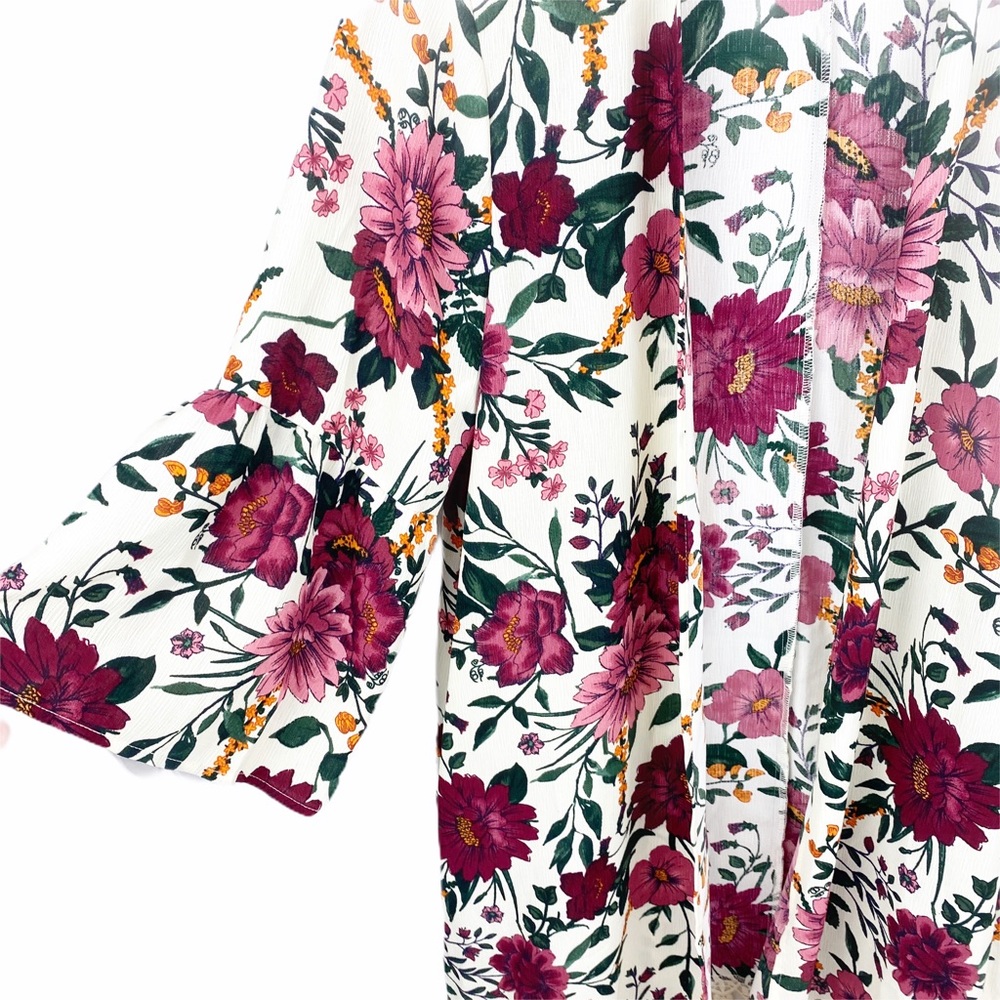 Time & Tru Floral Maroon Kimono Cover Up One Size - Picture 3 of 5